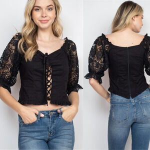 Black Corset Top With Long Lace Sleeves Bow New Medium